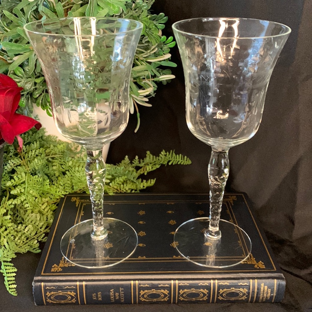 Beautiful hand blown and etched and blown wine glasses / goblets